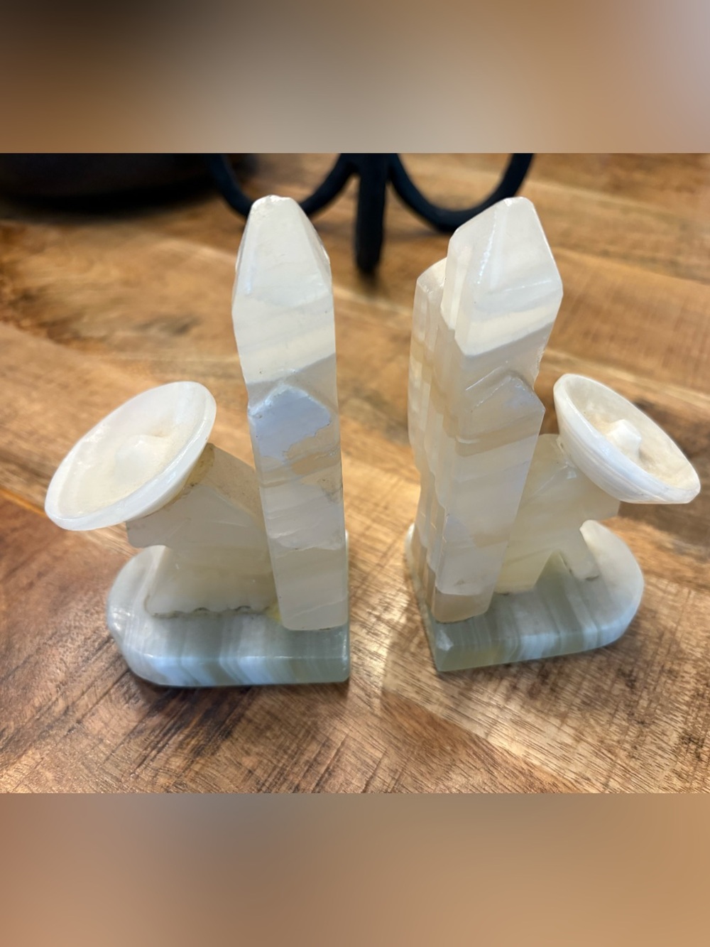 Polished White Onyx Decorative Obelisk Bookends - Neutral Home Accents